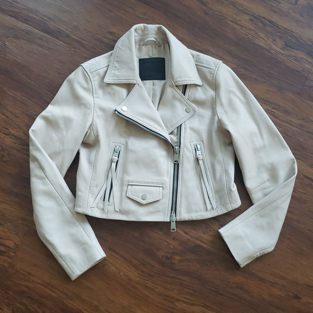 All Saints Pale Pink Cream Leather Chic Edgy Feminine Cropped Elora Biker Size 6 - Picture 9 of 13